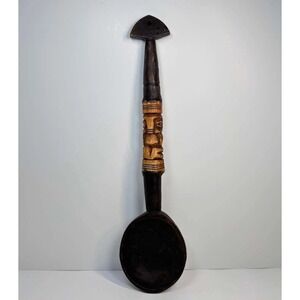 African Hand Carved Wood Spoon Figural Face Handle 16.5" Tribal Folk Art
